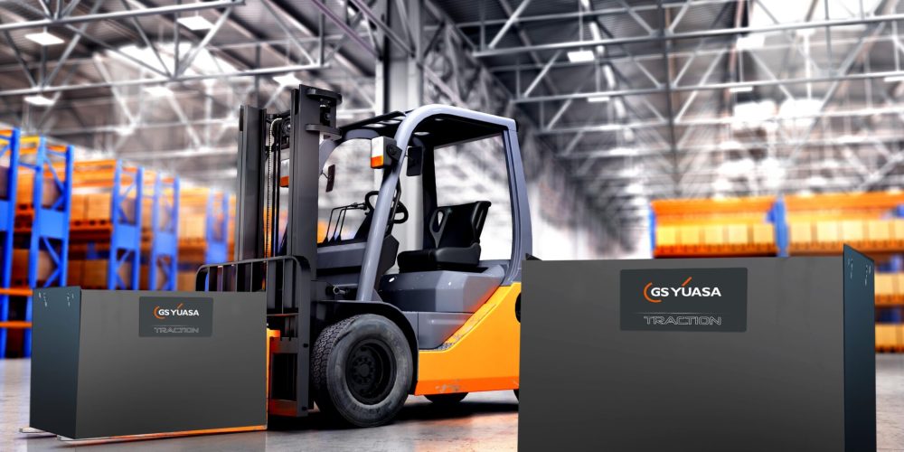 Concept of warehouse. The forklift in the big warehouse on blurr